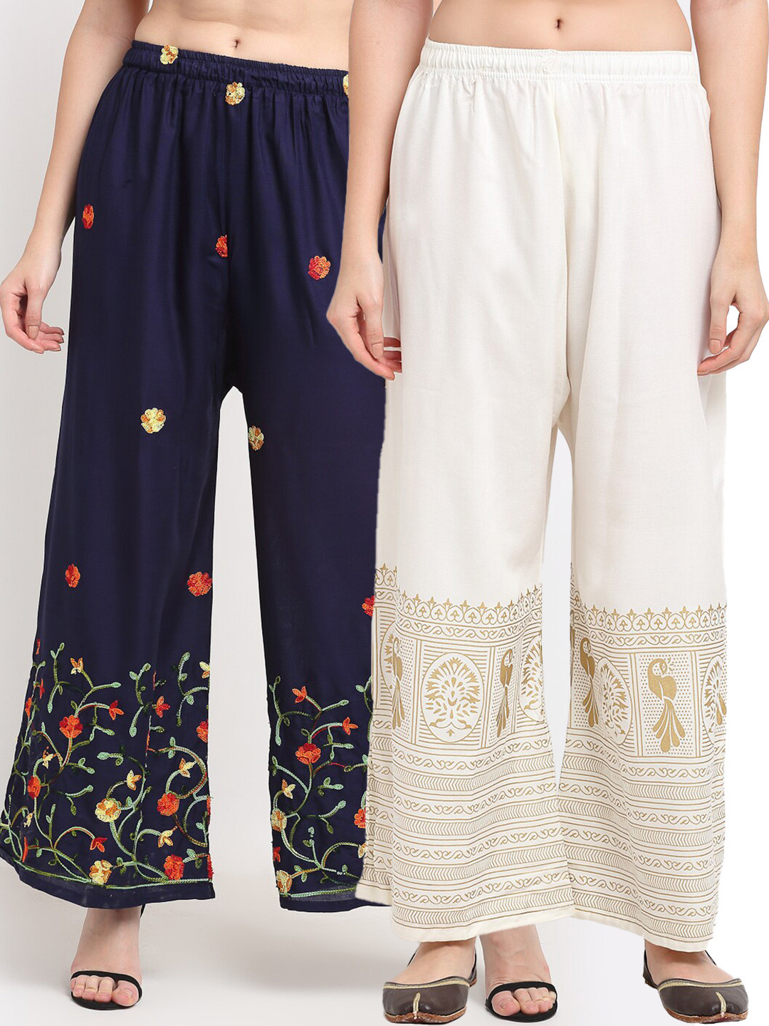 

TAG 7 Women Pack Of 2 Navy Blue & White Floral Printed Wide Leg Palazzos