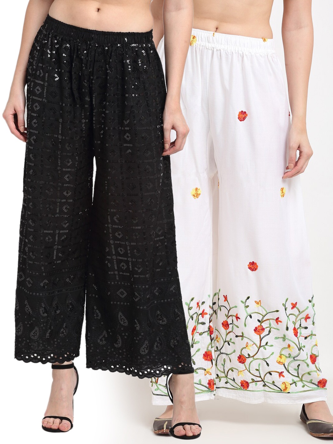 

TAG 7 Women White & Black Pack of 2 Floral Embellished Flared Palazzos