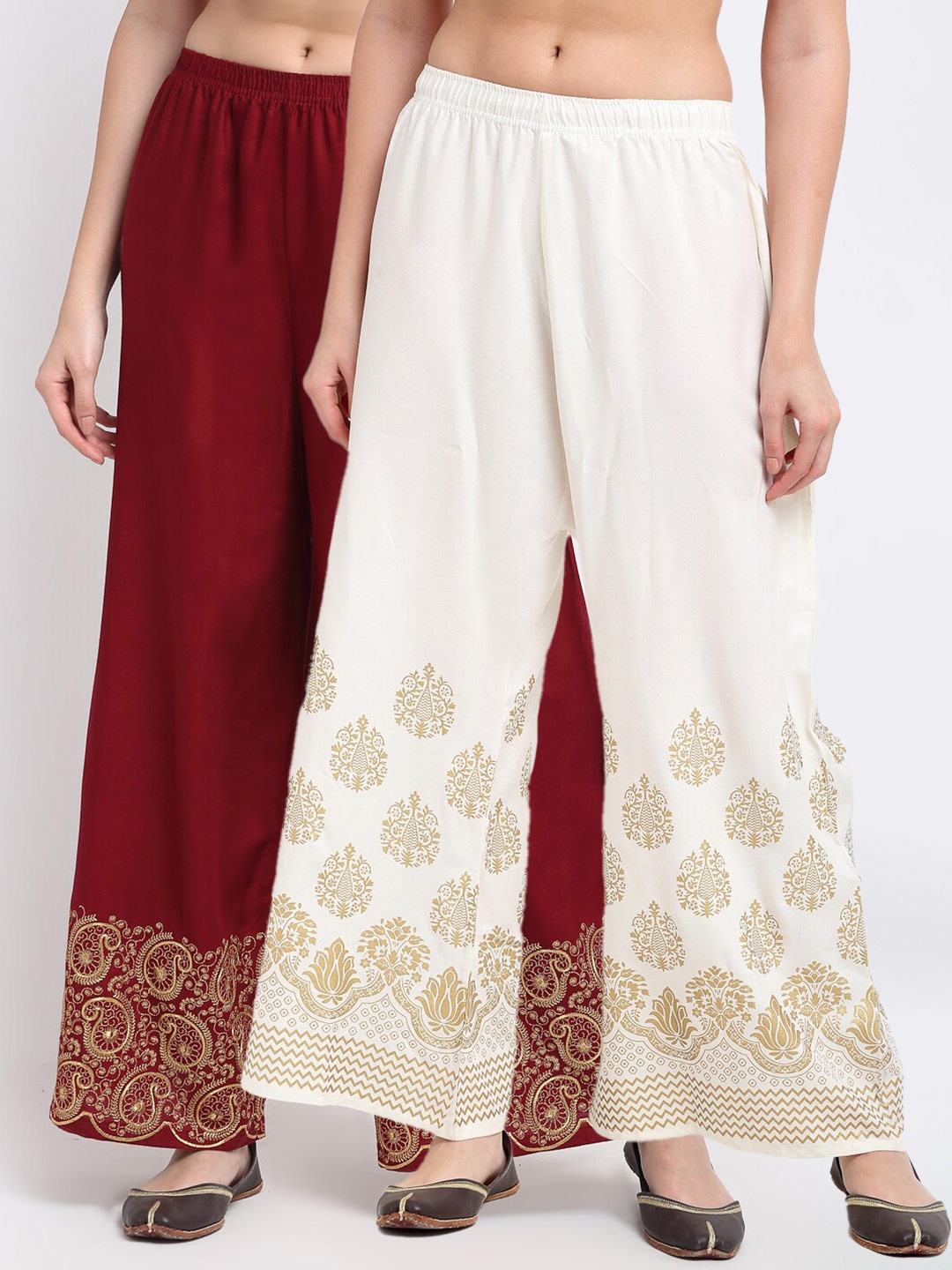 

TAG 7 Women Pack of 2 Maroon & White Embroidered Wide Leg Palazzos