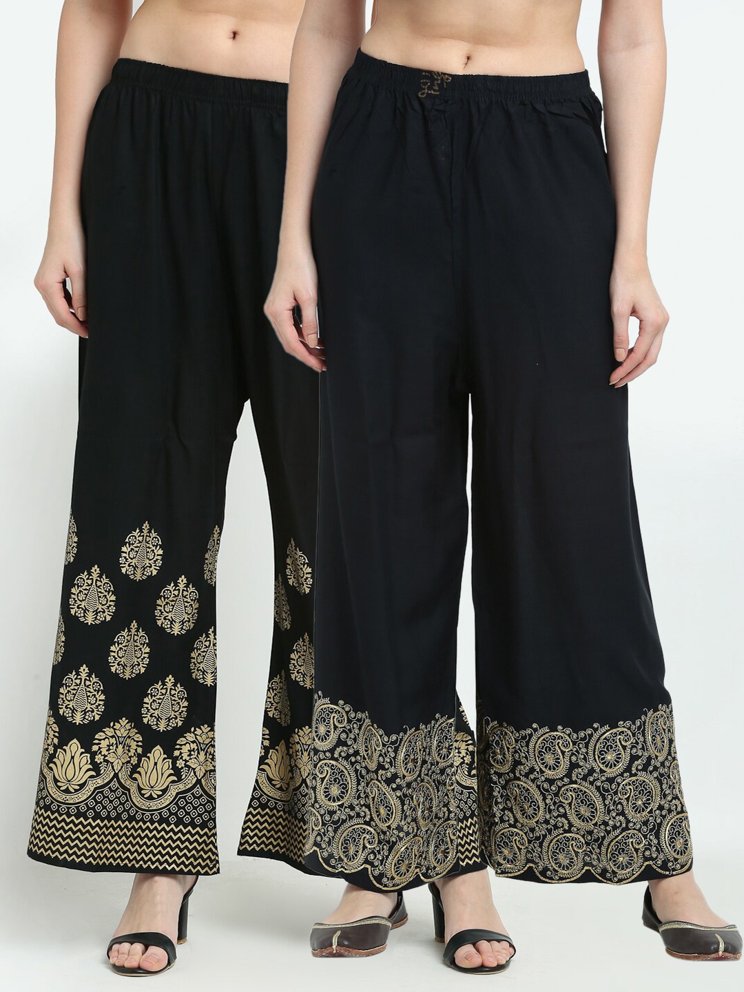 

TAG 7 Women Pack of 2 Black & Navy Blue Printed Flared Palazzos