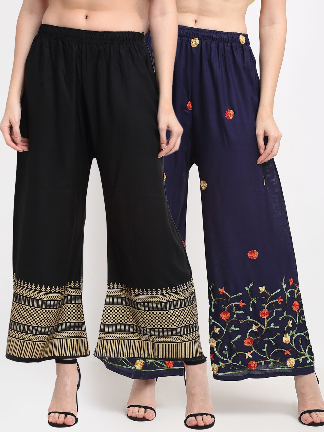 

TAG 7 Women Pack Of 2 Navy Blue & Black Floral Printed Wide Leg Palazzos