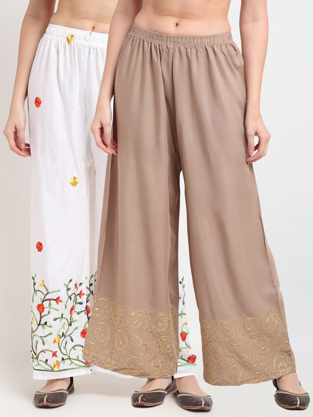 

TAG 7 Women White & Beige Pack of 2 Floral Embroidered Flared Palazzos