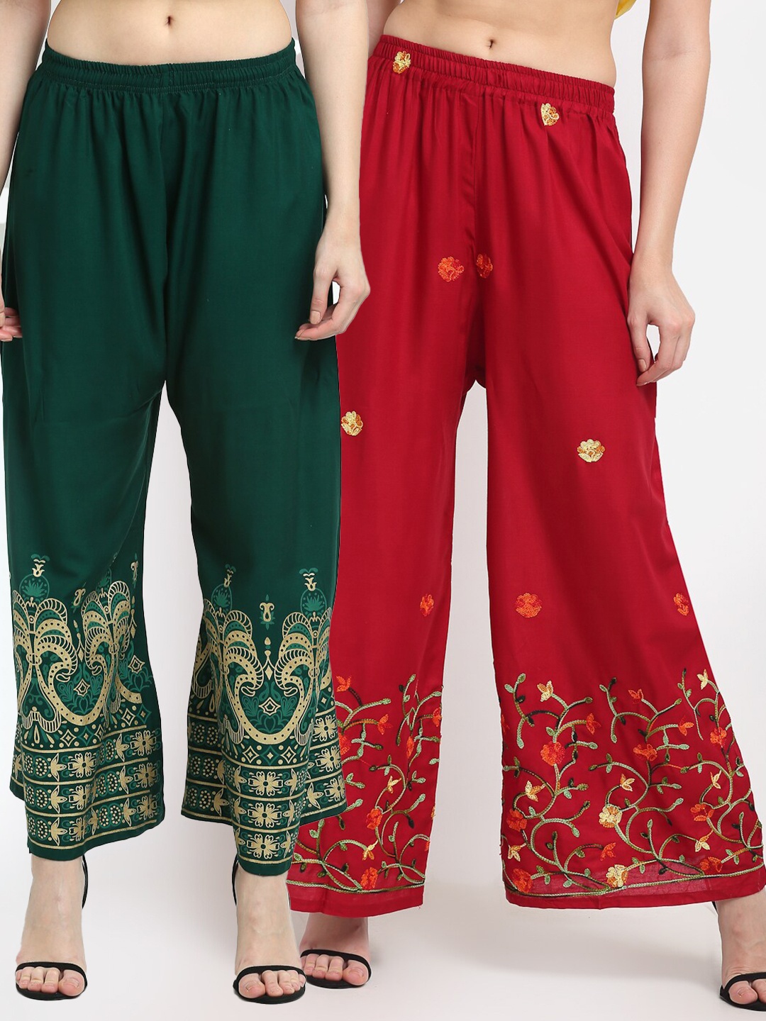 

TAG 7 Women Maroon & Green Pack of 2 Floral Embroidered Palazzos