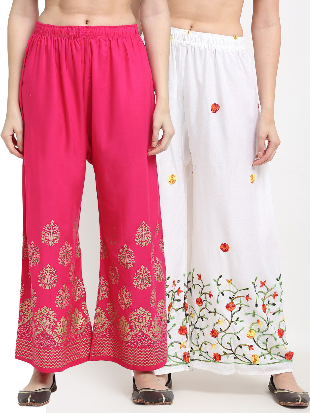 

TAG 7 Women Pack of 2 White & Pink Embroidered Flared Palazzos