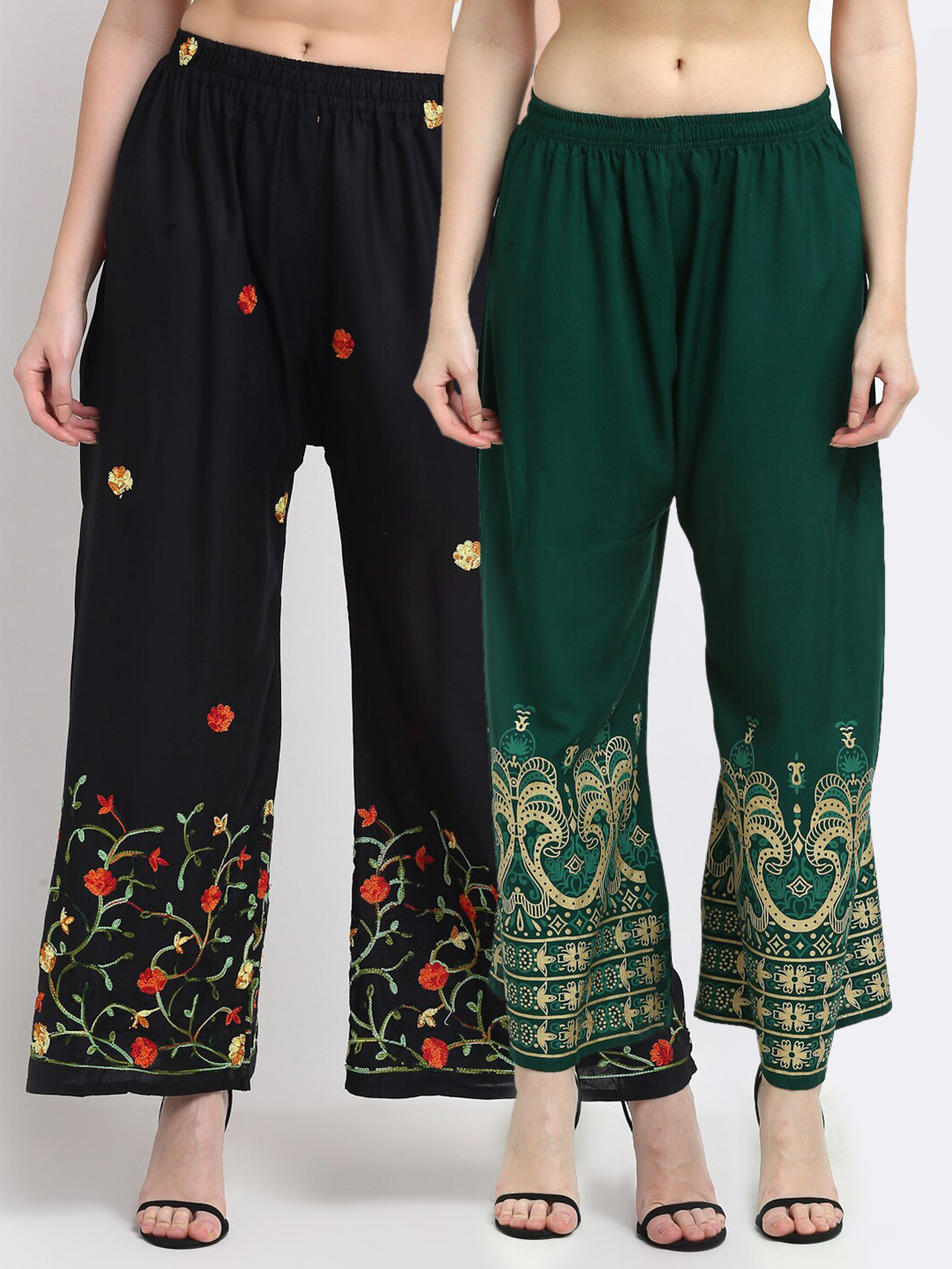 

TAG 7 Women Black & Green Pack of 2 Floral Embroidered Flared Palazzos