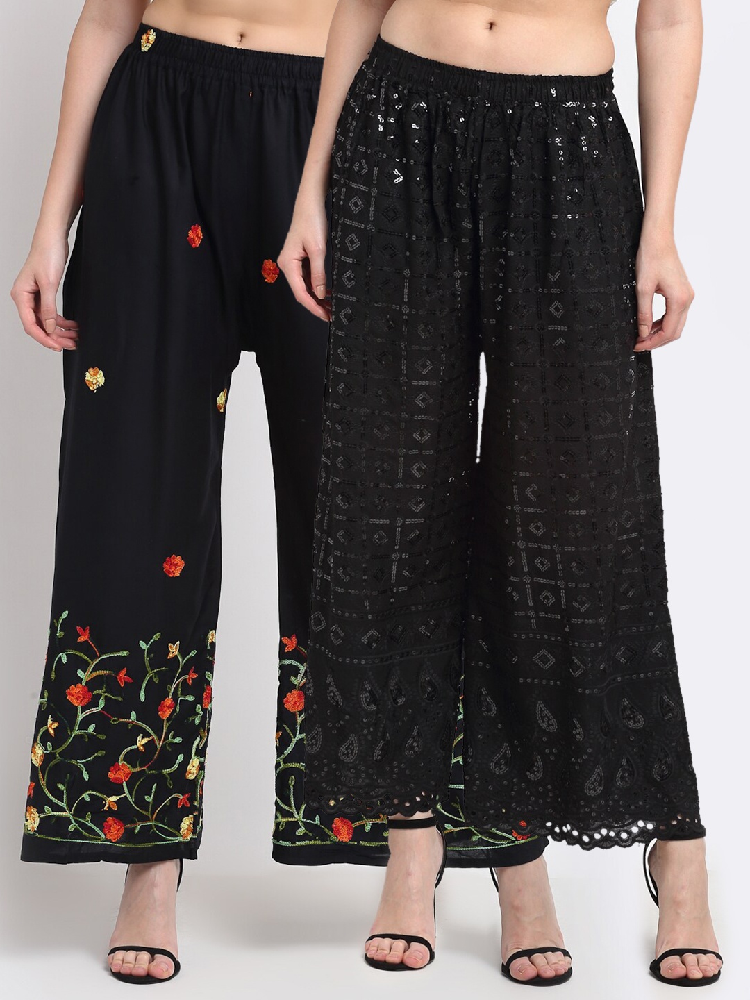 

TAG 7 Women Black & Green Pack of 2 Floral Embroidered Palazzos