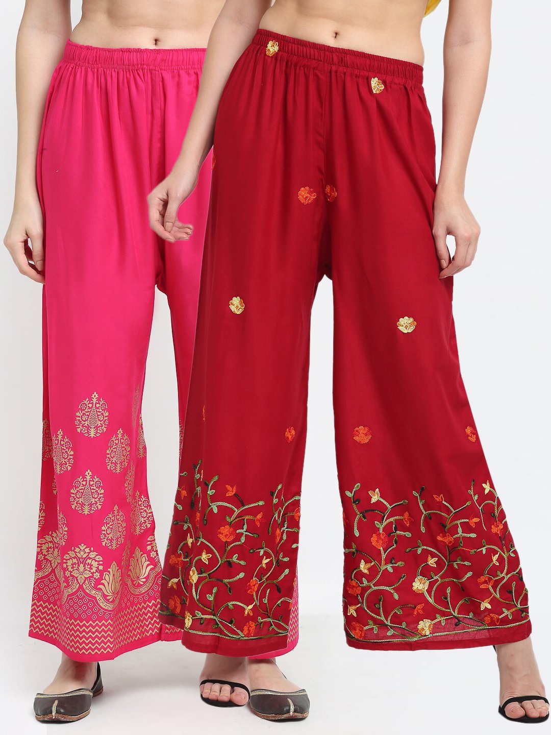 

TAG 7 Women Pack of 2 Maroon & Pink Embroidered Wide Leg Palazzos