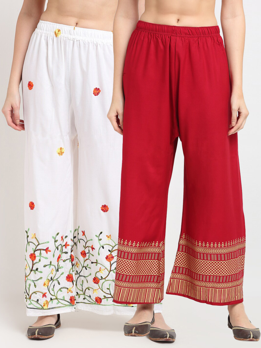 

TAG 7 Women Pack of 2 White & Maroon Embroidered Flared Palazzos