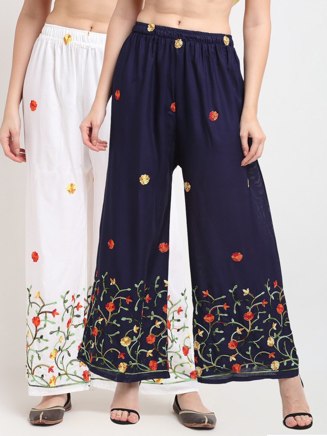 

TAG 7 Women Pack Of 2 Floral Embroidered Ethnic Palazzos, Navy blue
