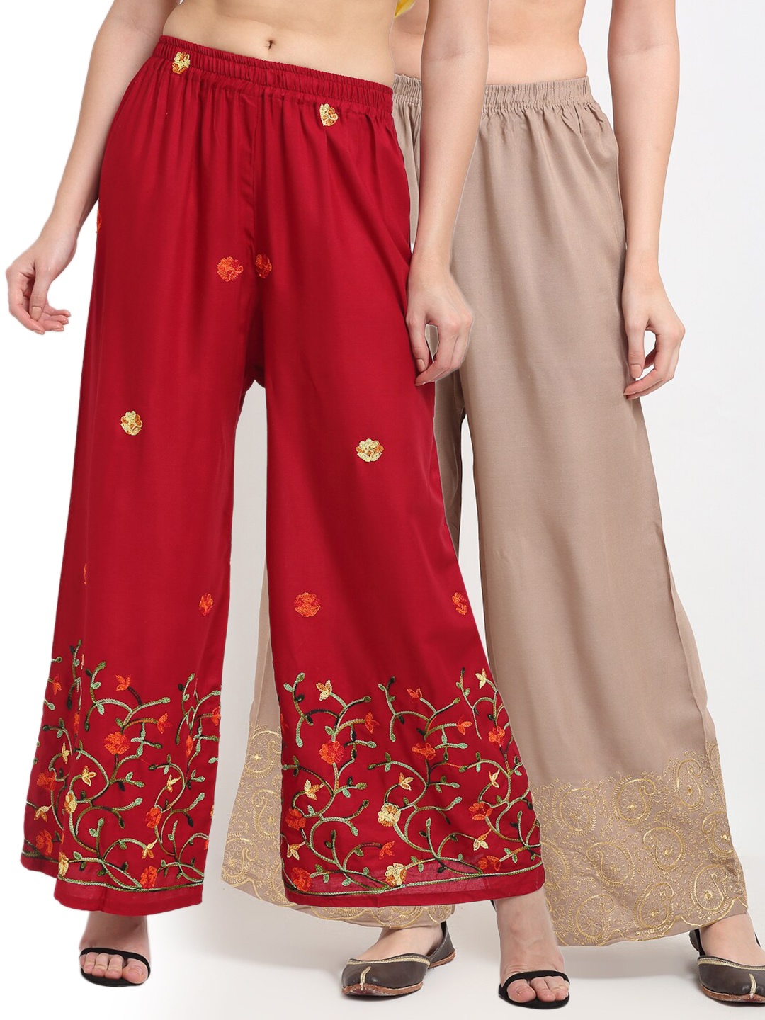 

TAG 7 Pack of 2 Women Beige & Green Floral Embroidered Flared Palazzos