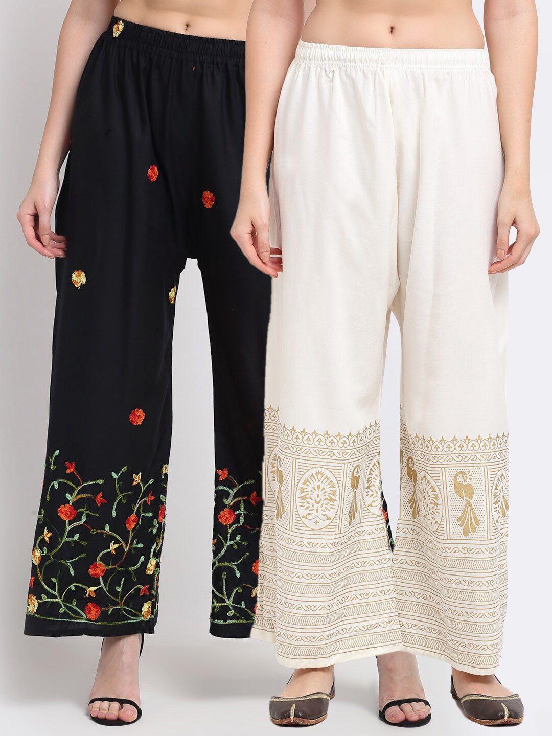 

TAG 7 Women Pack of 2 Black & White Embroidered Flared Palazzos