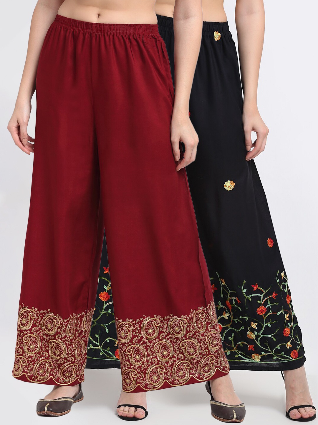 

TAG 7 Women Pack Of 2 Black & Maroon Paisley Printed Wide Leg Palazzos