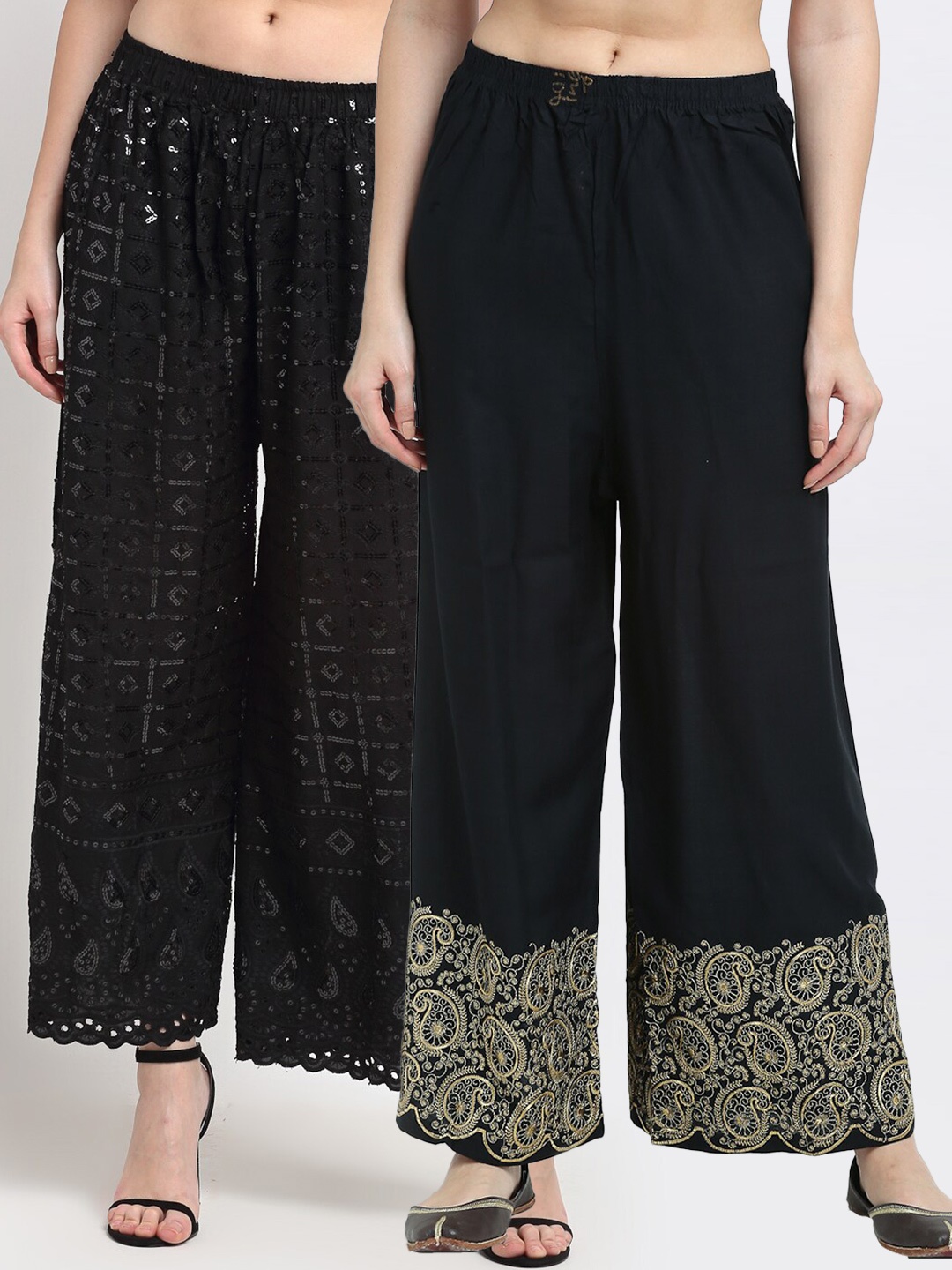 

TAG 7 Women Pack Of 2 Black & Gold Ethnic Motifs Printed Wide Leg Palazzos