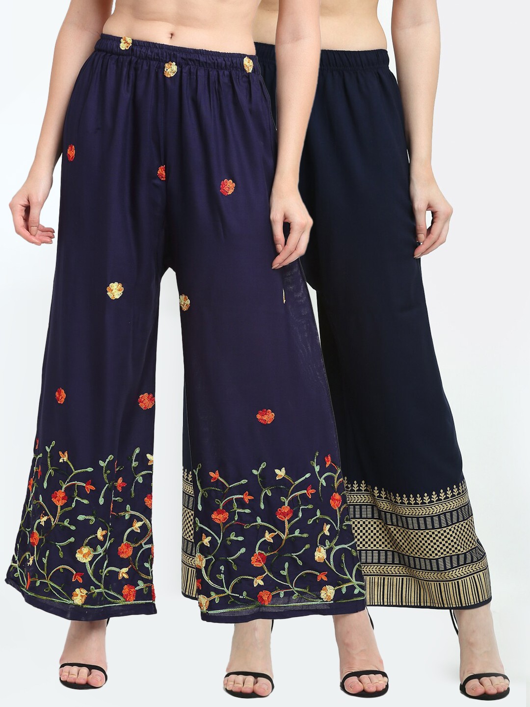 

TAG 7 Women Navy Blue & Red Pack of 2 Floral Embroidered Flared Palazzos