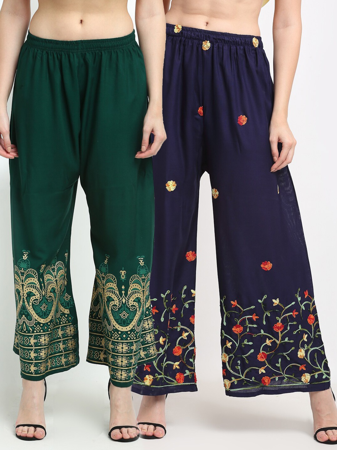 

TAG 7 Women Navy Blue & Green Pack of 2 Floral Embroidered Ethnic Palazzos