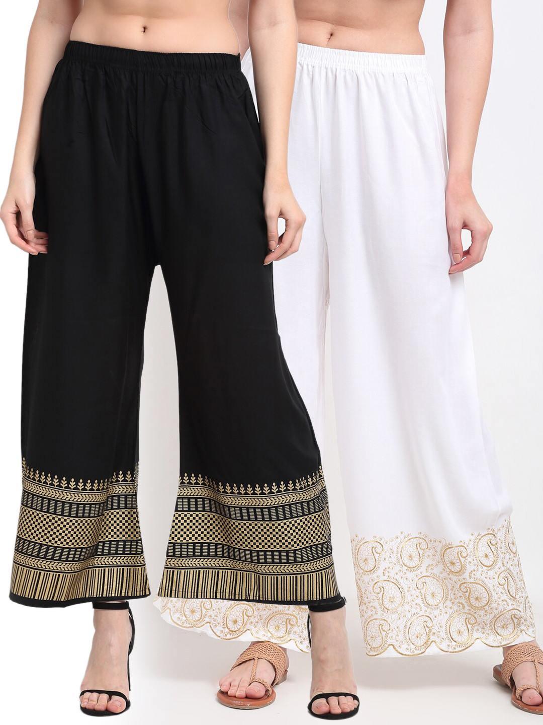 

TAG 7 Women Pack of 2 White & Black Embroidered Flared Palazzos