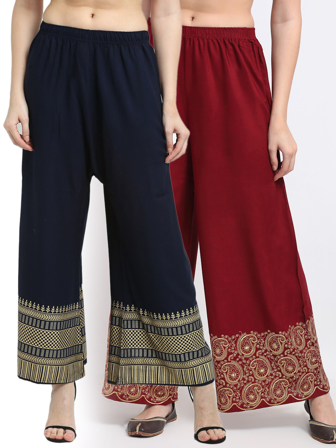 

TAG 7 Pack of 2 Women Maroon & Navy Blue Ethnic Motifs Embroidered Flared Palazzos