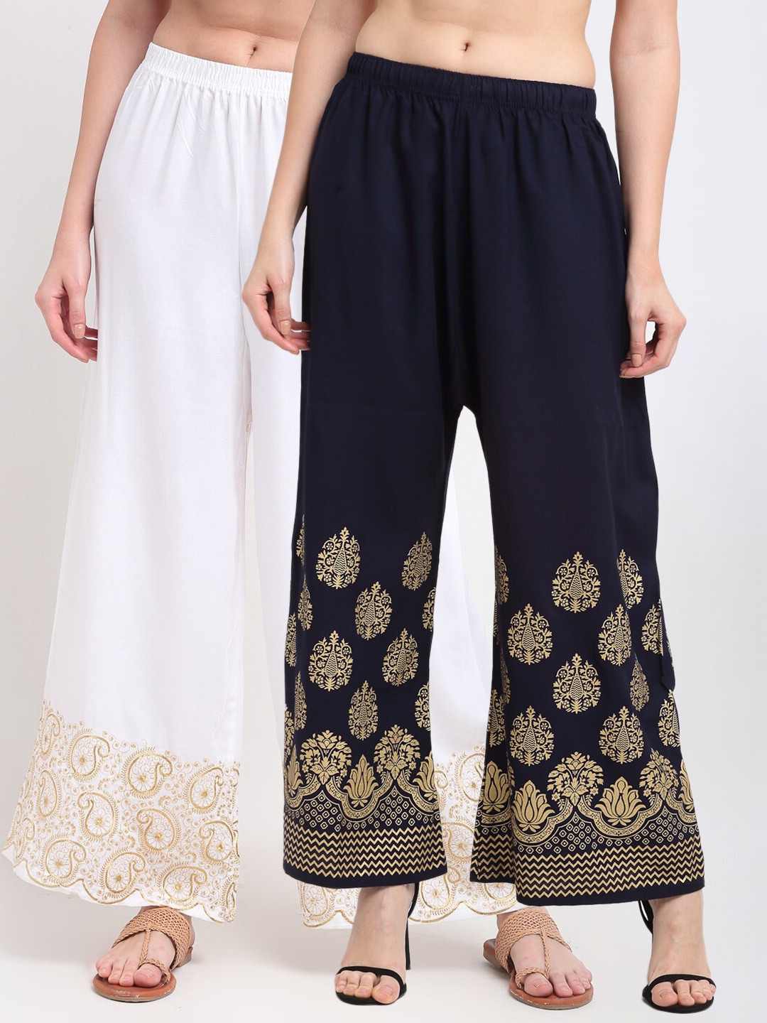 

TAG 7 Women White & Navy Blue Pack of 2 Ethnic Motifs Printed Flared Palazzos