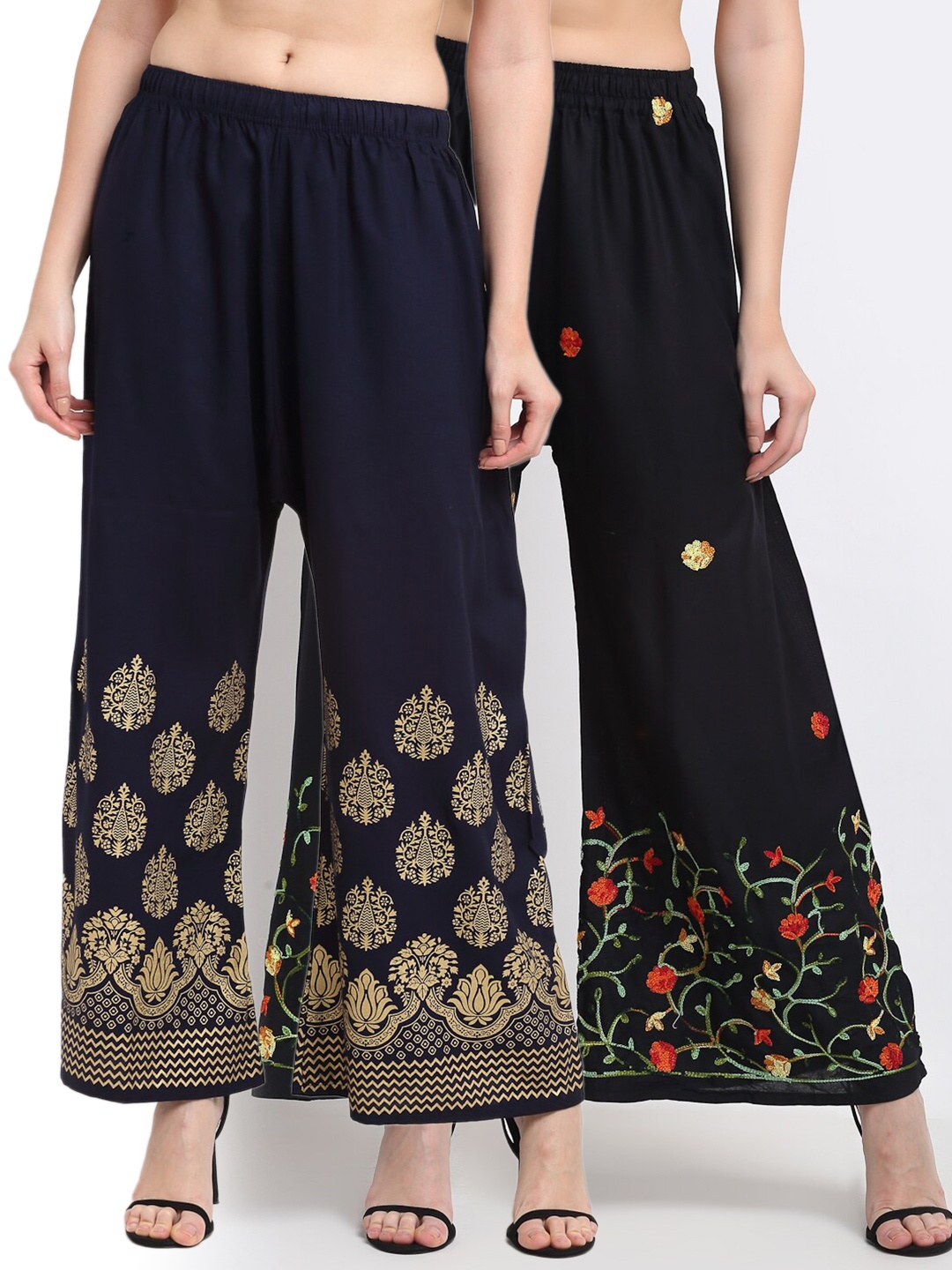 

TAG 7 Women Pack of 2 Black & Navy Blue Embroidered Wode Leg Palazzos