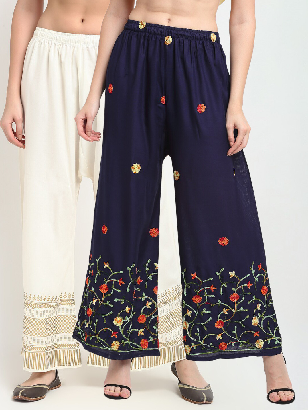 

TAG 7 Women Combo Of 2 Floral Embroidered Palazzos, Navy blue