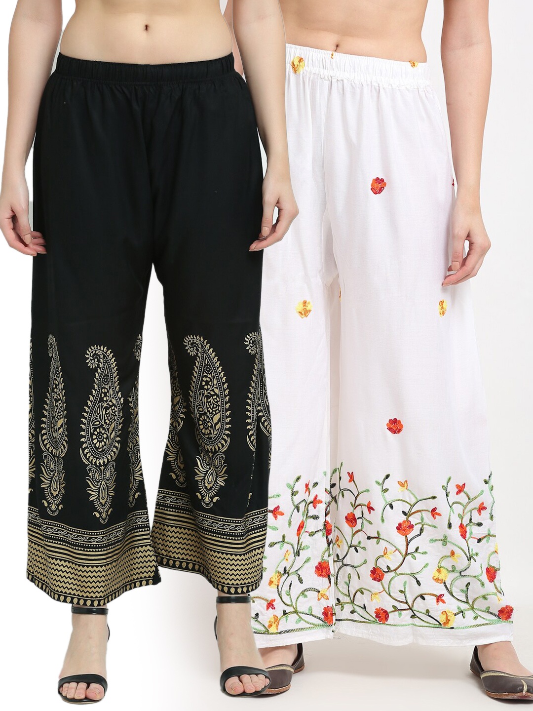 

TAG 7 Pack of 2 Women White & Black Floral Printed Flared Palazzos
