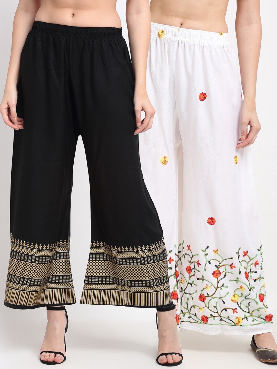 

TAG 7 Women Pack Of 2 Black & White Floral Printed Wide Leg Palazzos