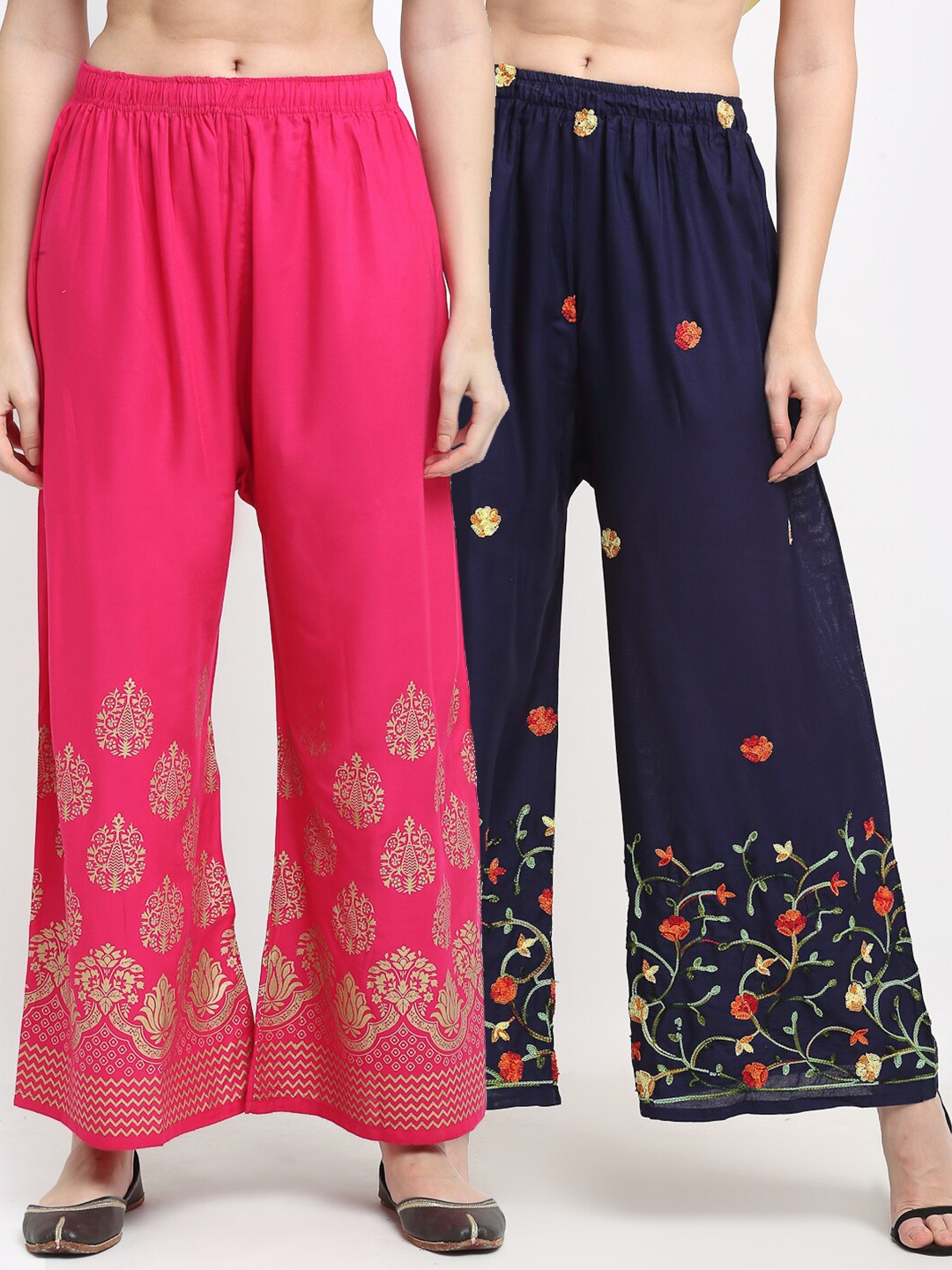 

TAG 7 Women Navy Blue & Pink Pack of 2 Floral Embroidered Palazzos