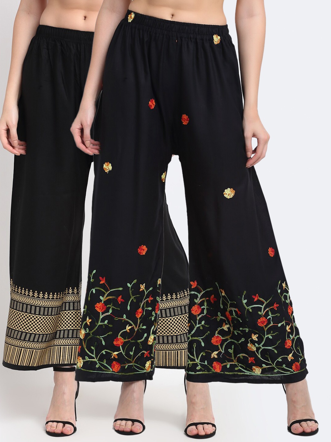 

TAG 7 Women Pack Of 2 Black & Navy Blue Floral Printed Wide Leg Palazzos