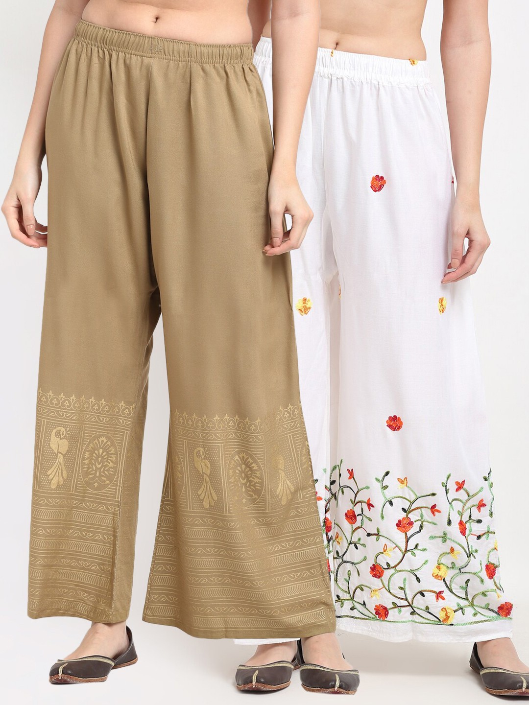 

TAG 7 Women White & Beige Pack of 2 Ethnic Motifs Embroidered Flared Palazzos