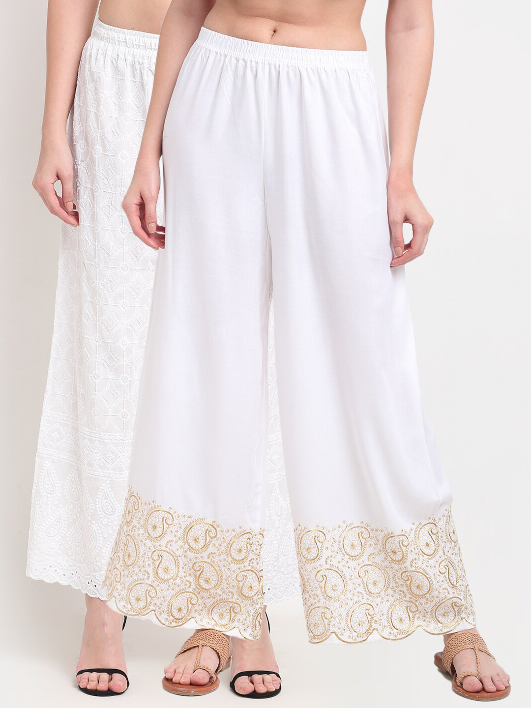 

TAG 7 Women Pack of 2 White & Gold-Toned Embroidered Wide Leg Palazzos