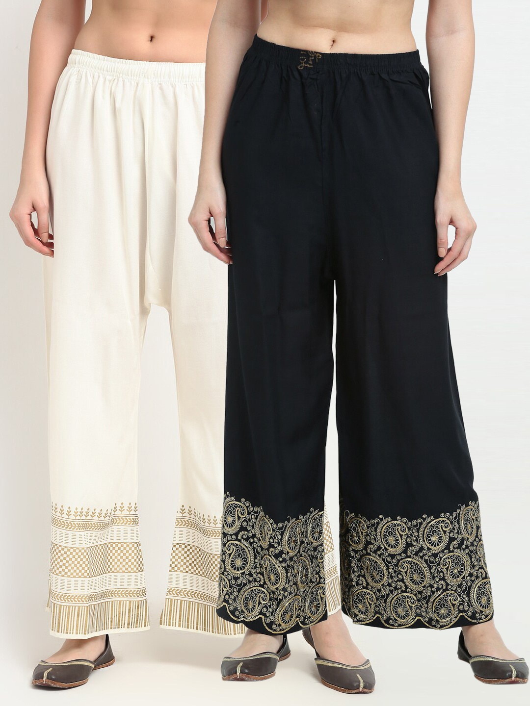 

TAG 7 Women Pack of 2 Black & White Embroidered Flared Palazzos