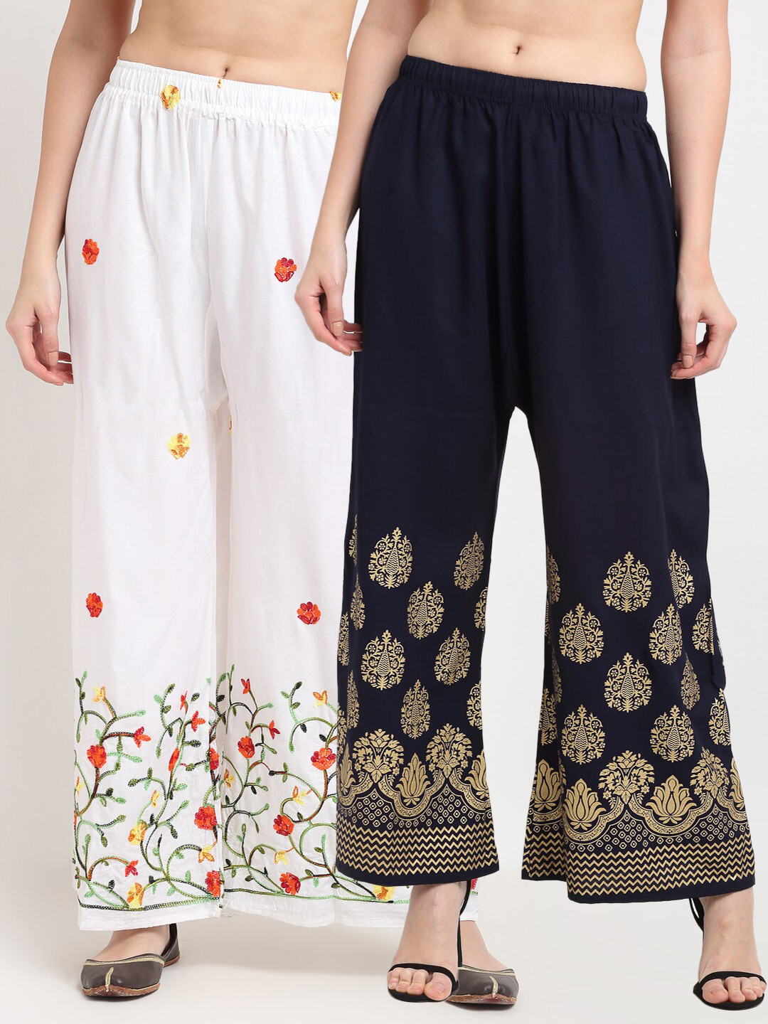 

TAG 7 Pack of 2 Women White & Navy Blue Floral Embroidered Flared Palazzos