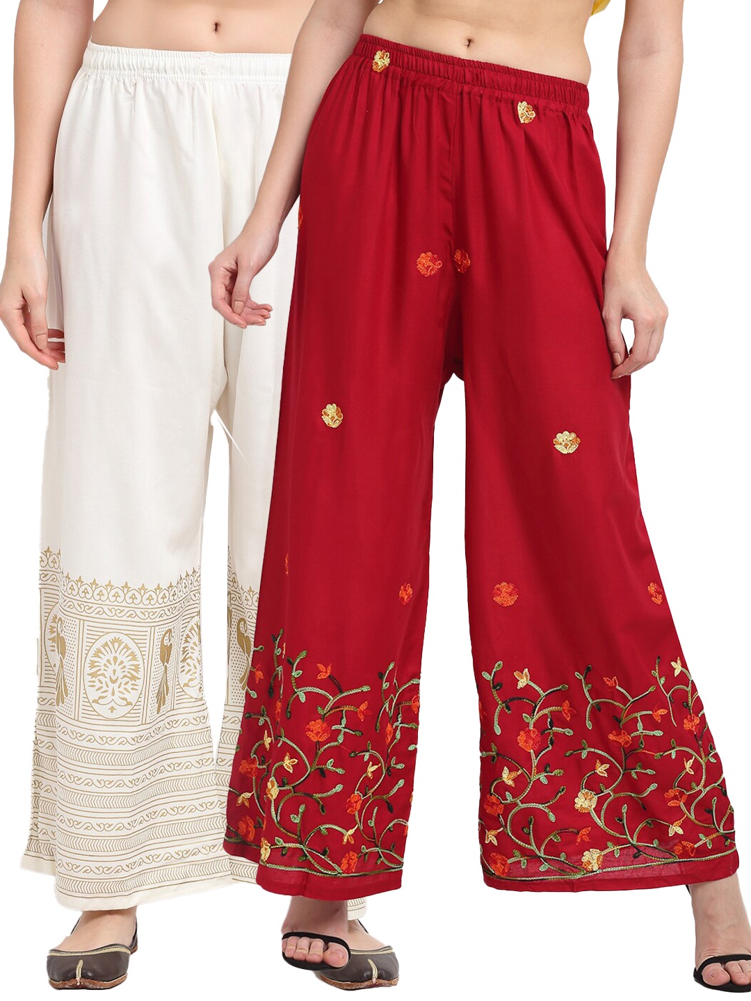 

TAG 7 Women Maroon & White Pack of 2 Floral Embroidered Flared Palazzos