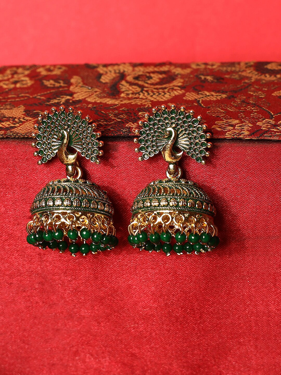 

ANIKAS CREATION Green Peacock Shaped Contemporary Jhumka Earrings