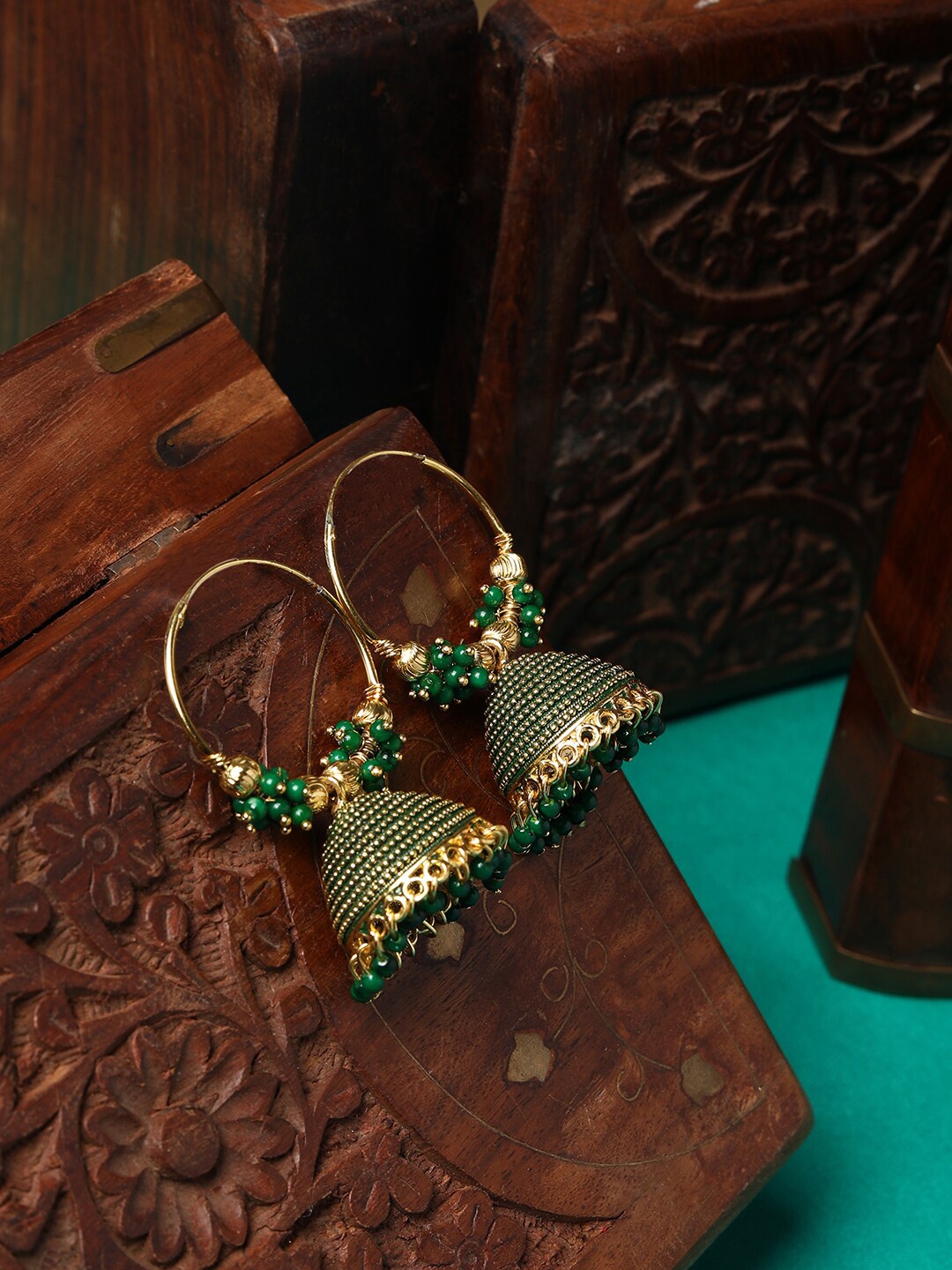 

ANIKAS CREATION Gold-Plated & Green Enamelled Dome Shaped Jhumkas