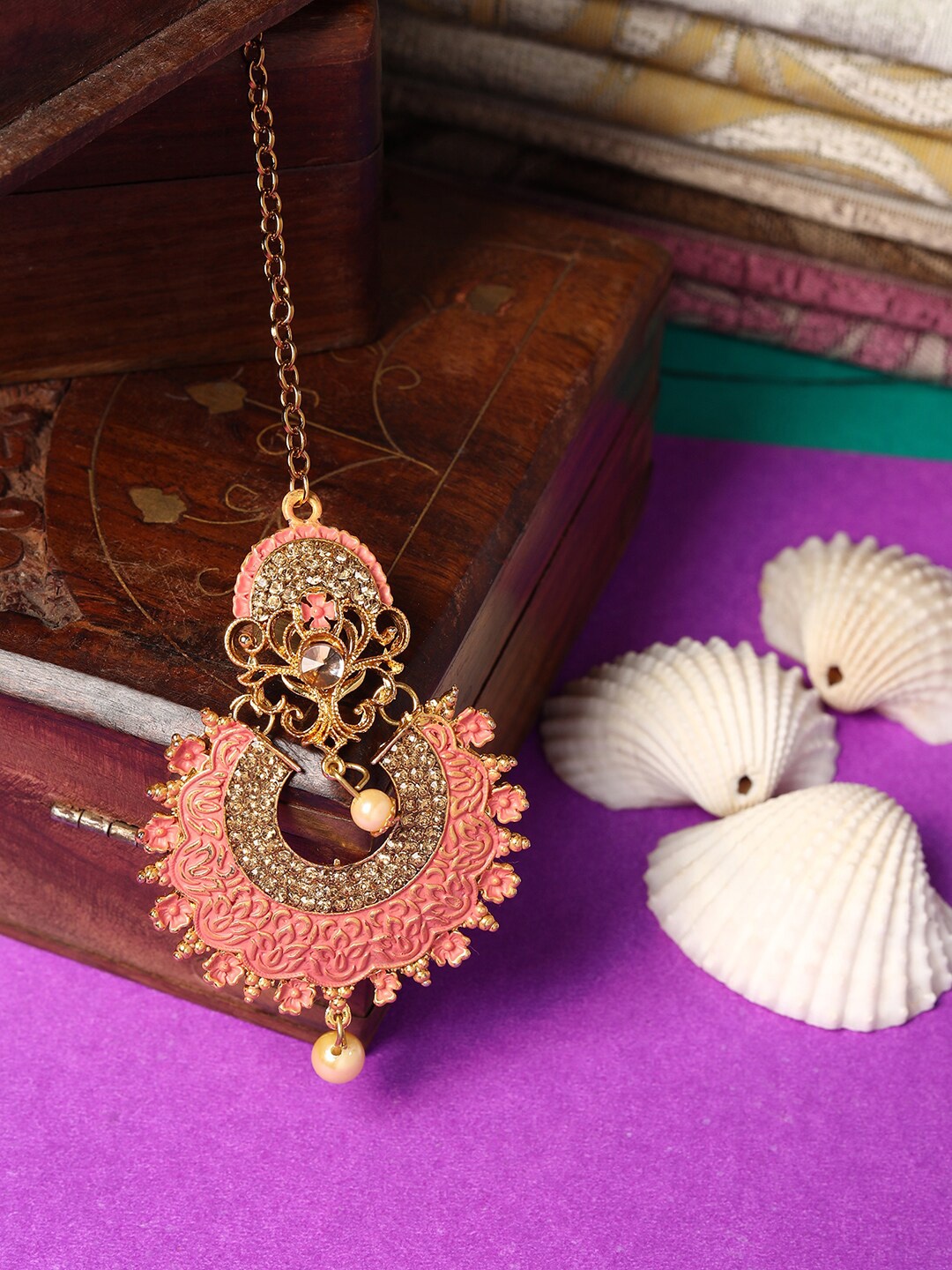 

ANIKAS CREATION Gold-Plated Pink & Brown Stone-Studded & Beaded Enamelled Maang Tikka