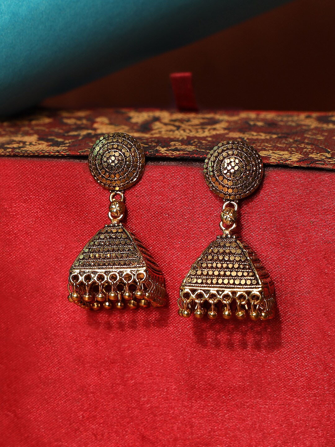 

ANIKAS CREATION Gold-Toned Contemporary Jhumkas Earrings