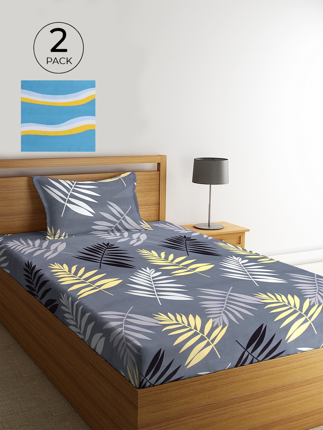 

KLOTTHE Set of 2 Grey & Turquoise Blue Floral 210 TC Single Bedsheets with 2 Pillow Covers