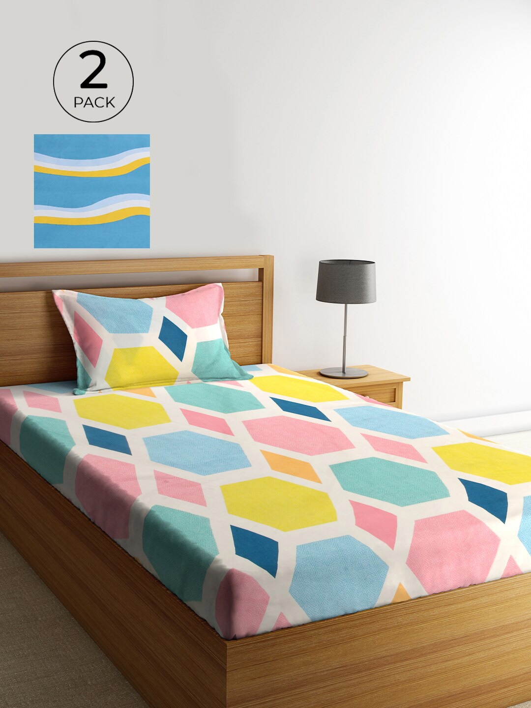 

KLOTTHE Set Of 2 Blue & Pink Geometric 210 TC Single Bedsheet with 2 Pillow Covers