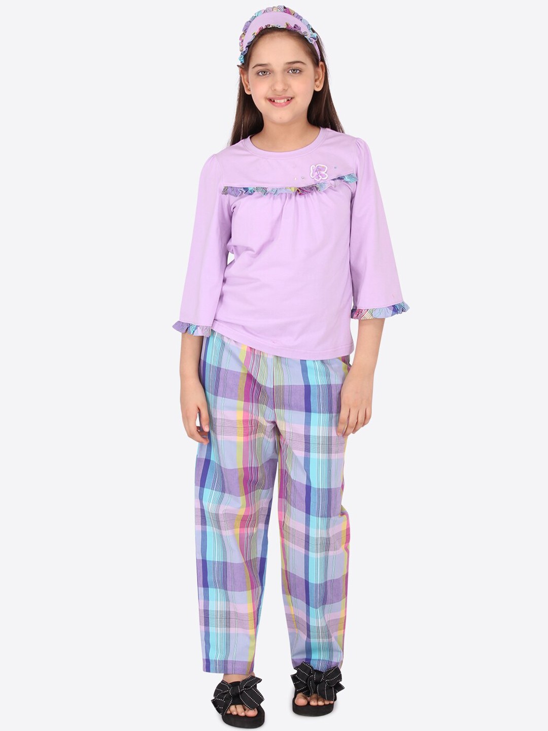 

CUTECUMBER Girls Purple Checked Night Suit With Eye Mask