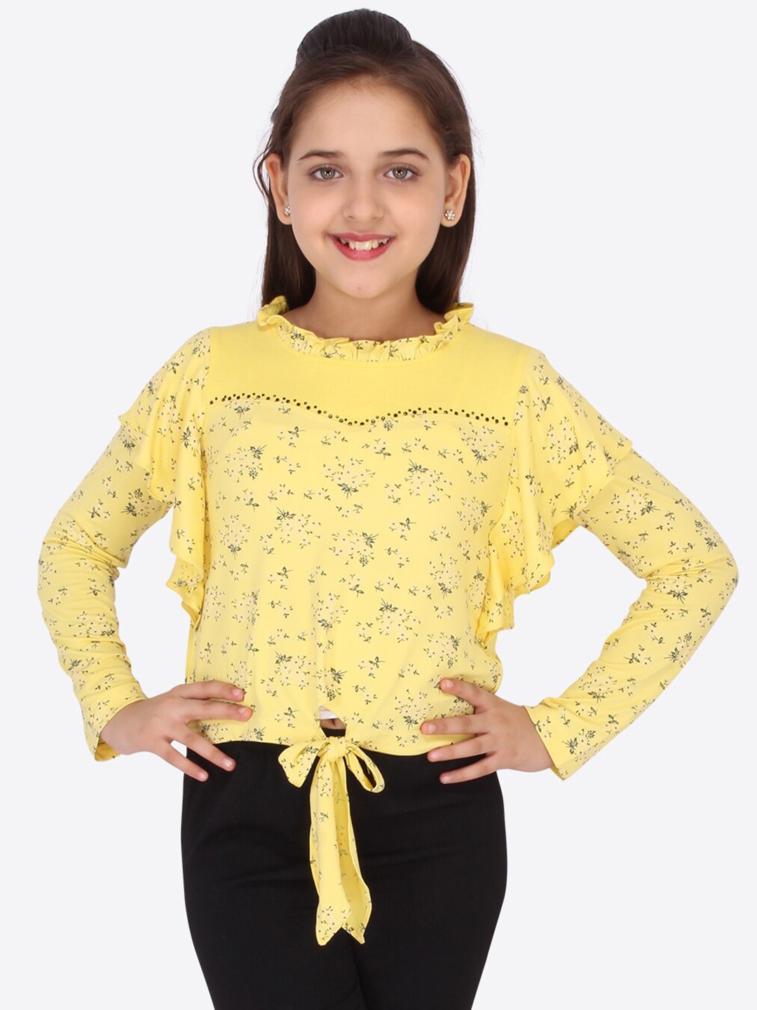 

CUTECUMBER Girls Yellow & Black Floral Regular Top
