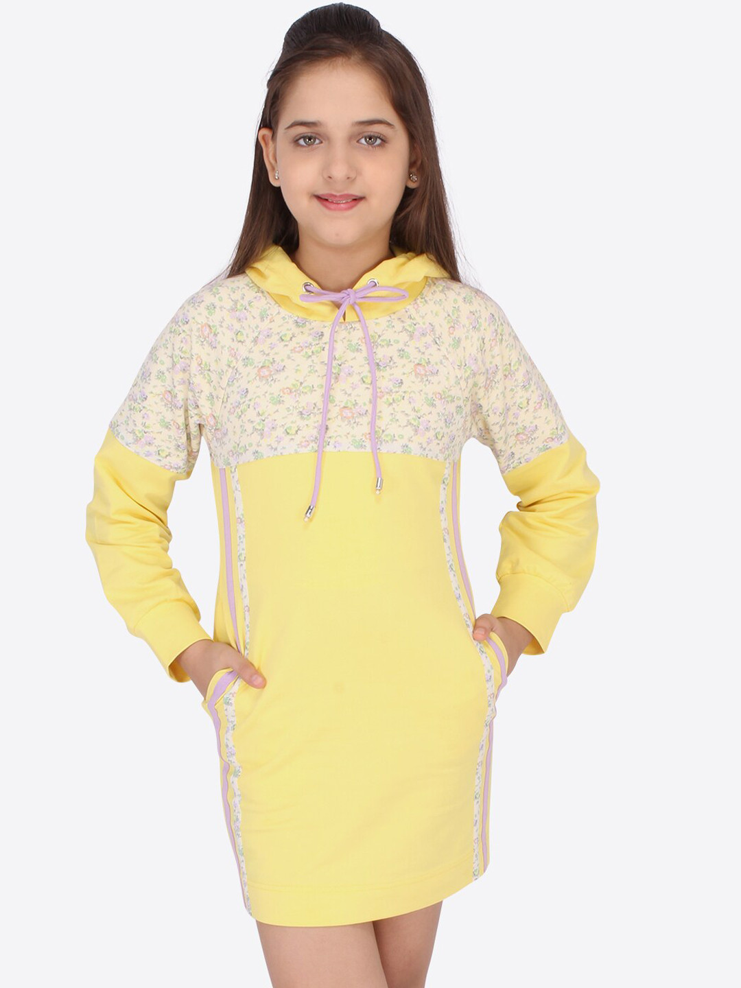 

CUTECUMBER Girls Yellow Floral T-shirt Hoodie Mini Dress