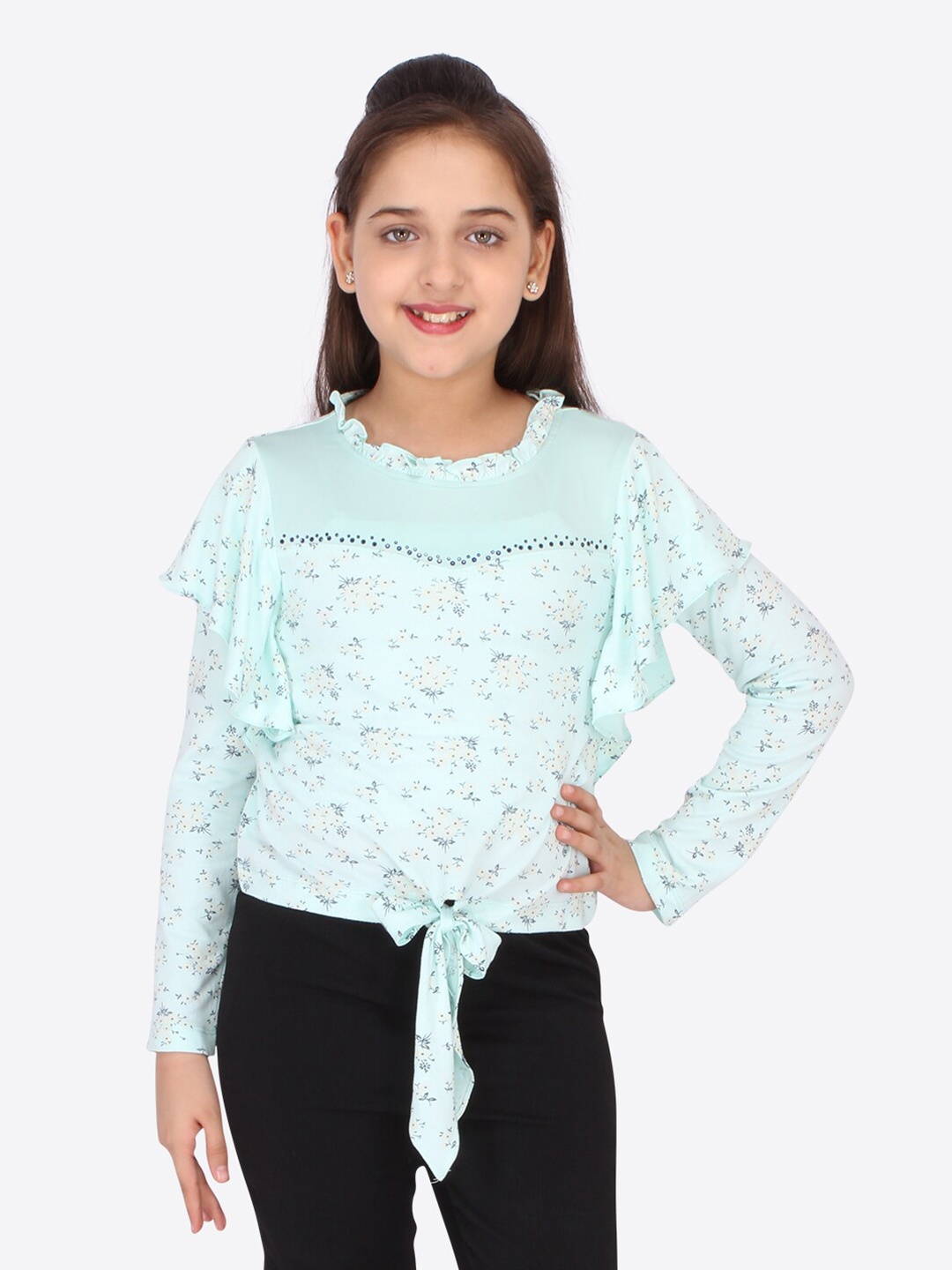 

CUTECUMBER Girls Green & Yellow Floral Regular Top