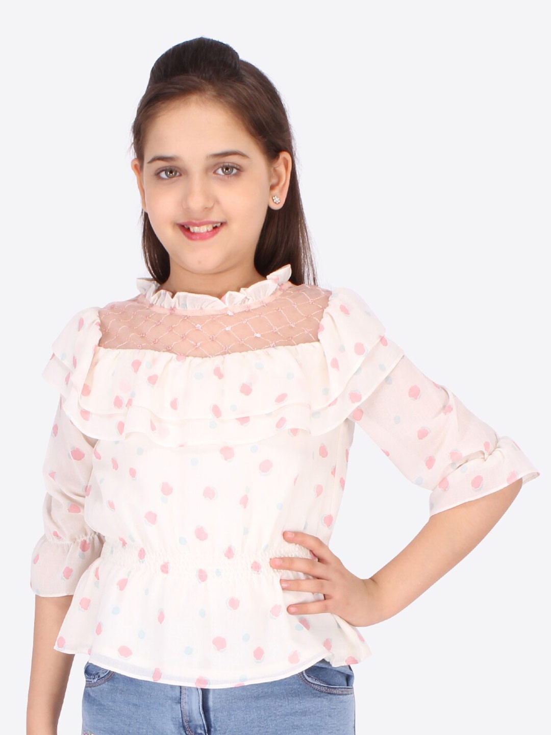 

CUTECUMBER Girls Cream-Coloured & Pink Ruffled Georgette Cinched Waist Top