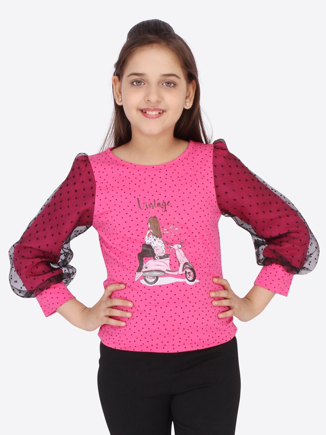 

CUTECUMBER Girls Pink & Black Net Regular Top