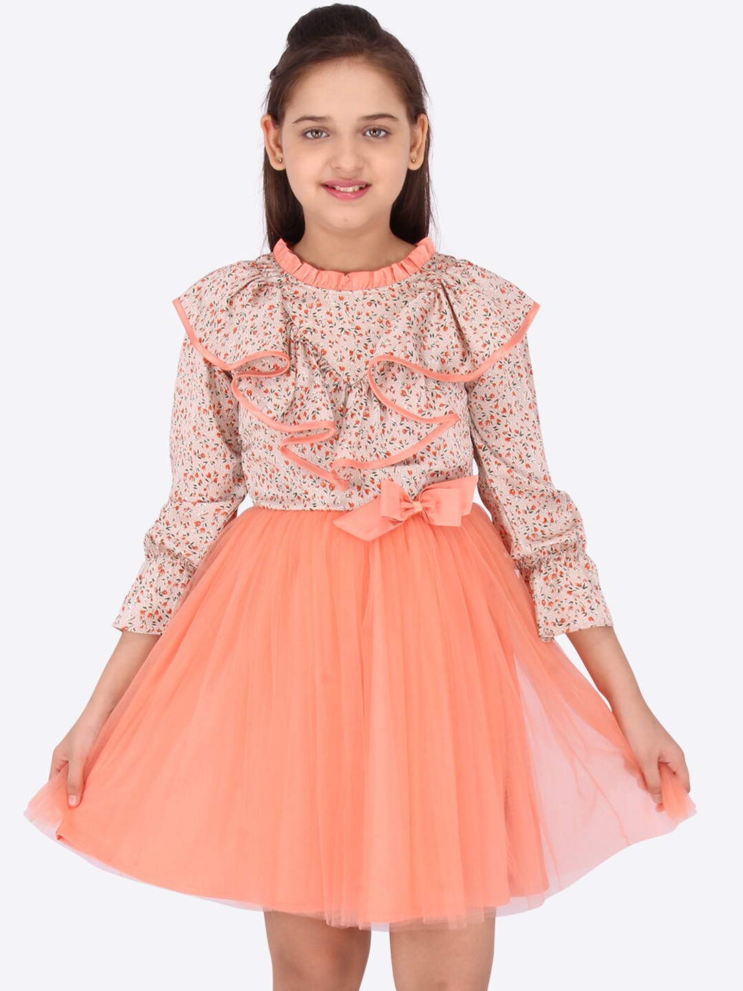 

CUTECUMBER Peach-Coloured Printed Satin Fit and Flare Dress