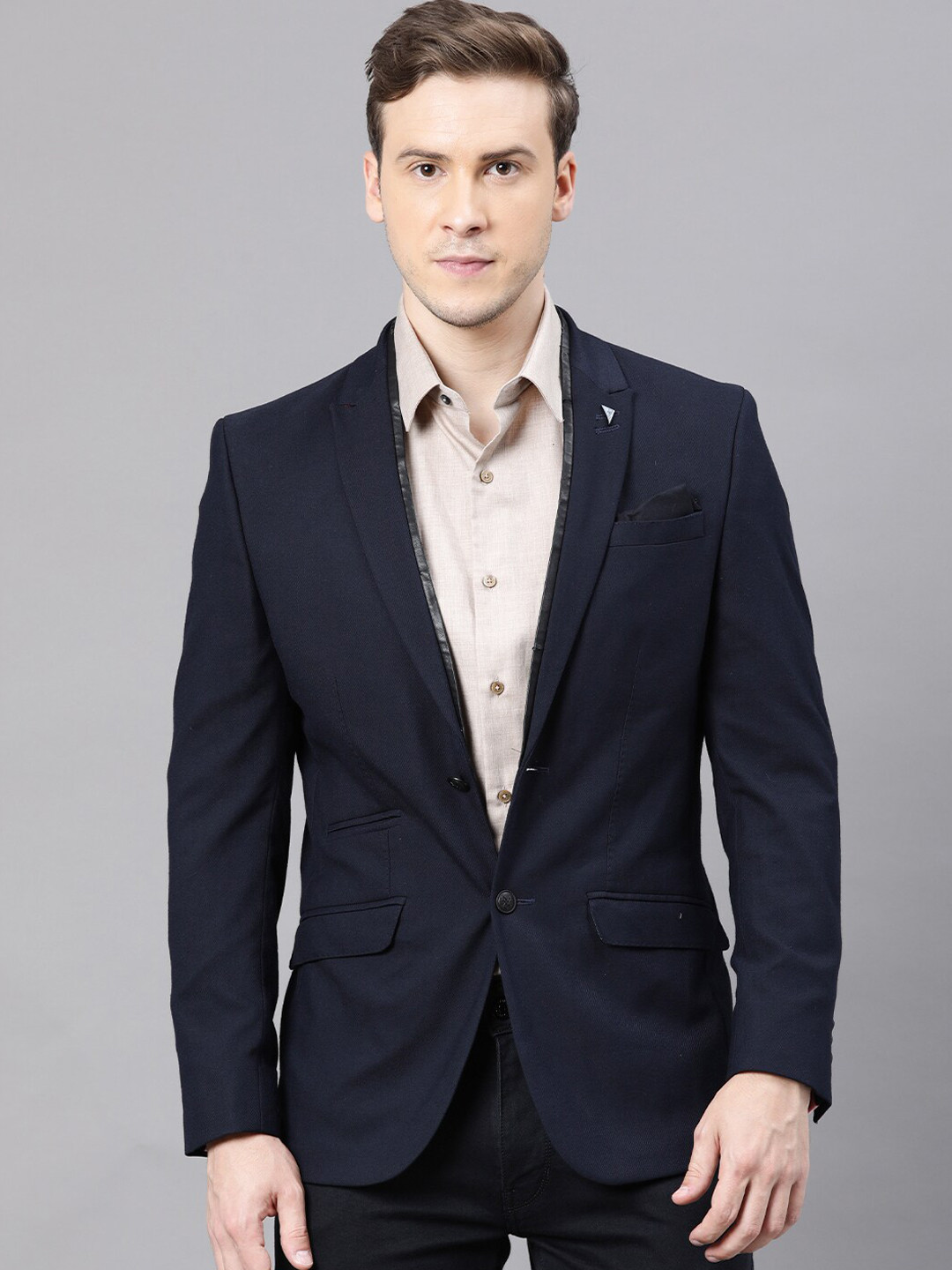 

RARE RABBIT Men Navy Blue Solid Single Breasted Tailored Fit Blazer