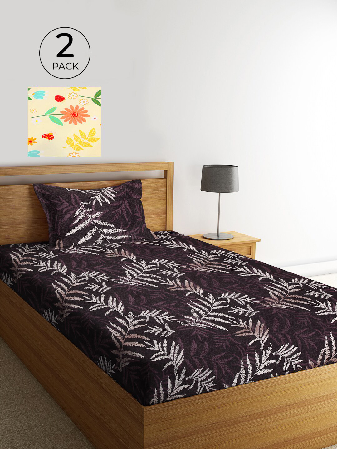 

KLOTTHE Brown & Orange Floral 210 TC 2 Single Bedsheet with 2 Pillow Covers