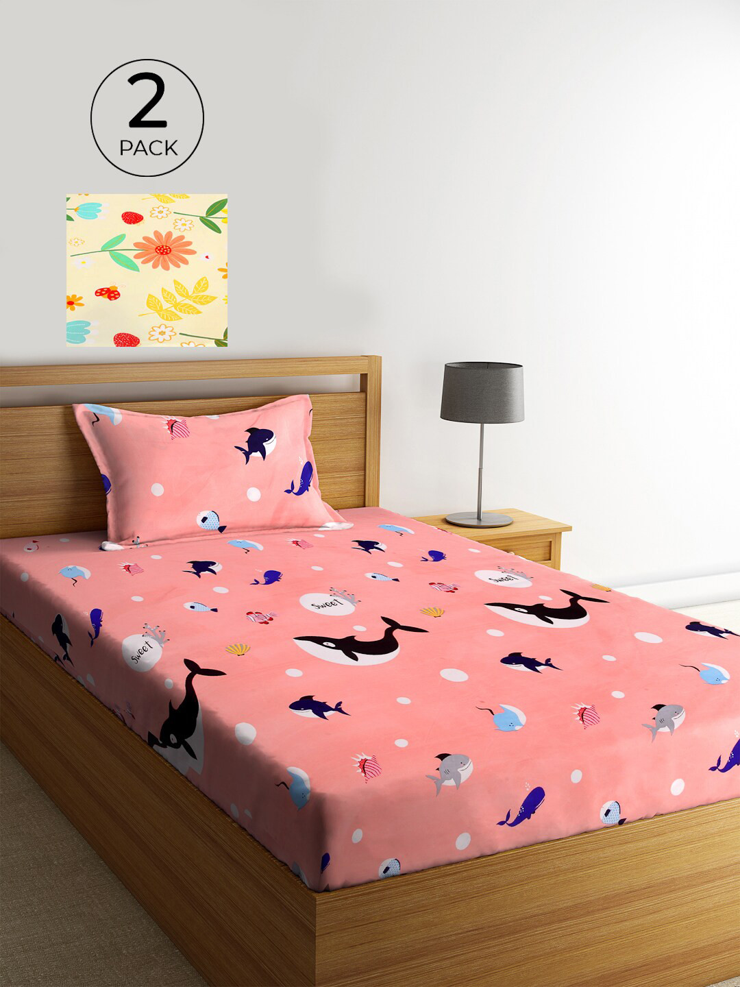 

KLOTTHE Pink & Yellow Cartoon Characters 210 TC 2 Single Bedsheet with 2 Pillow Covers