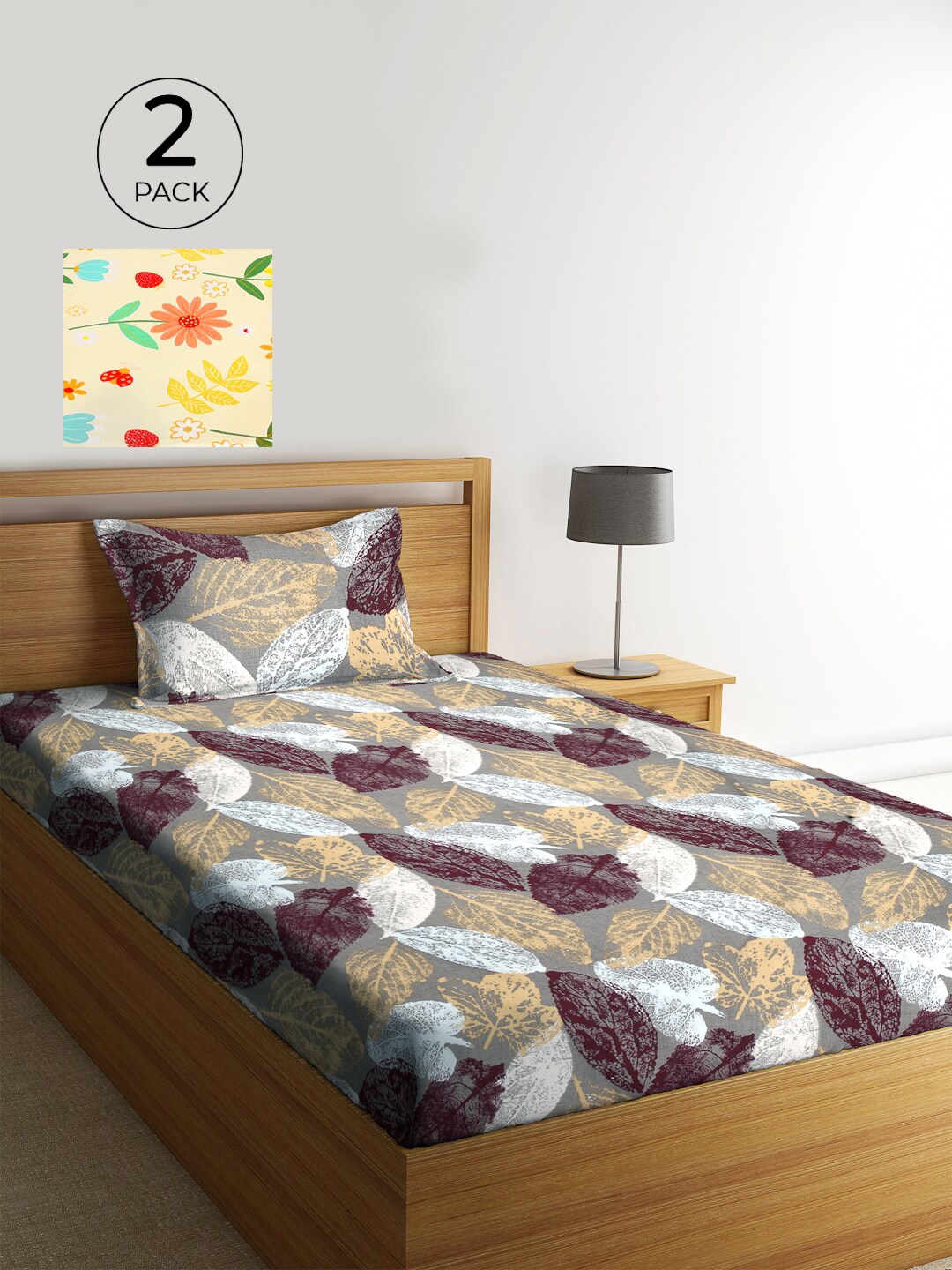 

KLOTTHE White & Orange Floral 210 TC 2 Single Bedsheet with 2 Pillow Covers